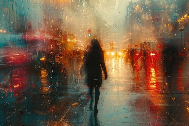 Een eenzame figuur die door een drukke stadsstraat loopt, omringd door torenhoge wolkenkrabbers