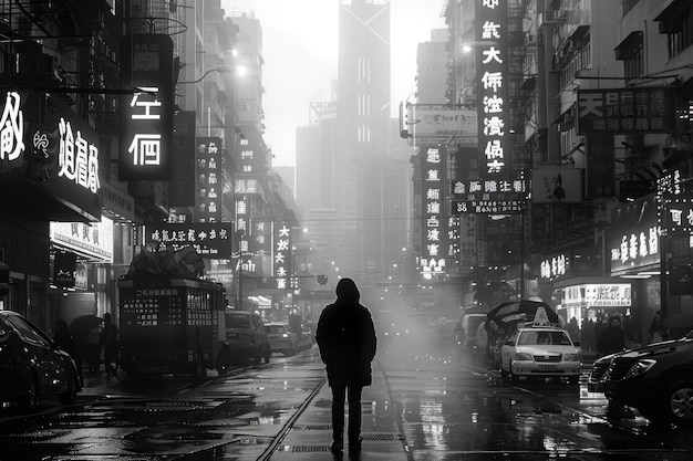 Een eenzame figuur die door een drukke stadsstraat loopt, omringd door torenhoge wolkenkrabbers