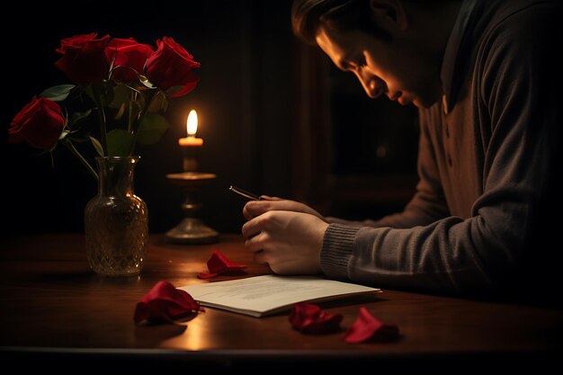 een eenzame figuur die een liefdesbrief schrijft bij kaarslicht om diepe emoties uit te drukken op Valentijnsdag
