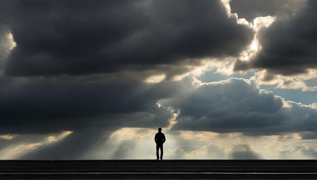 Een eenzame figuur staat op de top van een mistige heuvel zijn silhouet samensmelt met de etherische wolken