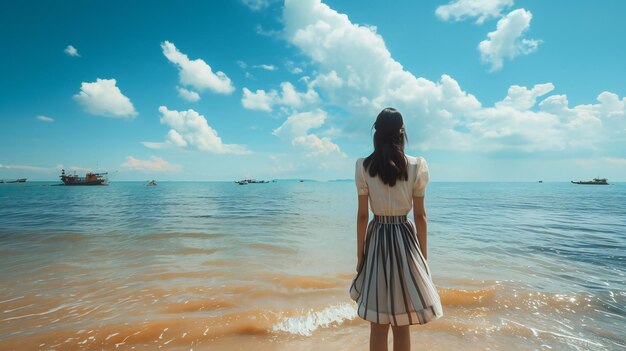 Foto een eenzame figuur voor het uitgestrekte blauwe zeegebied