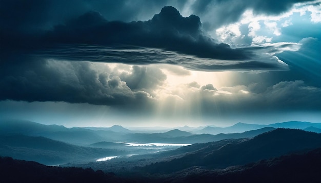 een eenzame figuur zit in de schaduw, omringd door turbulente wolken die het gewicht van depressie symboliseren