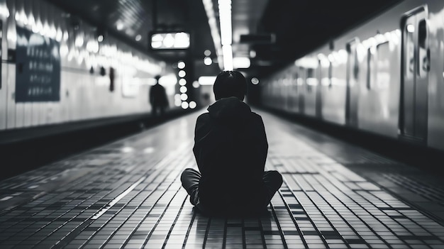 Een eenzame figuur zit op de vloer van een metrostation met hun rug naar de camera het station is leeg behalve een paar mensen in de verte