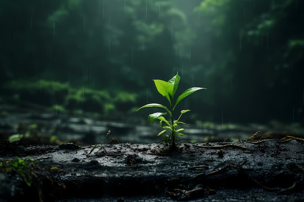 Een eenzame frisse kleine groene plant donkere regenachtige jungle op de achtergrond