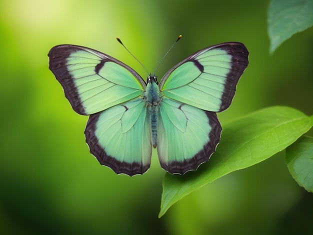 Een eenzame groene vlinder die op een levendig groen blad zit