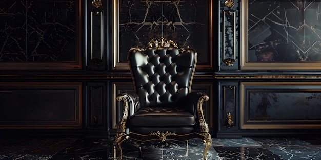 Een eenzame grootse troon straalt weelderigheid en pracht uit Concept Koninklijke troon Uitstekend ontwerp Majestueuze stoel Opulente elegantie Luxueuze zitplaatsen