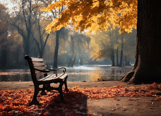 Een eenzame houten bruine bank tussen herfstbladeren Kleurrijke herfstbladeren Foto van hoge kwaliteit