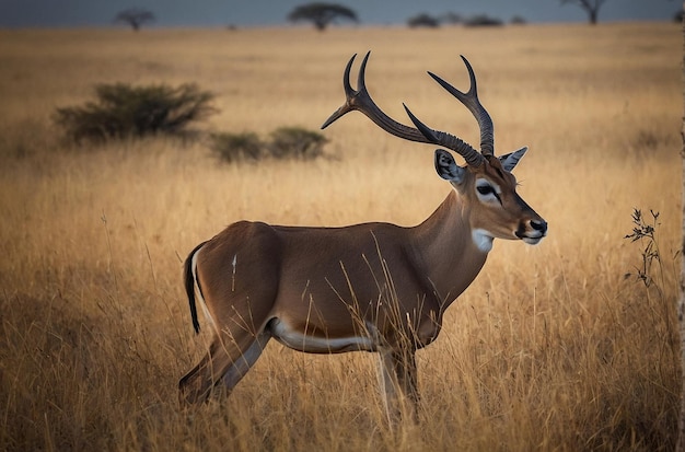 Een eenzame impala onthult de sereniteit van rustige momenten gevangen in de graslanden.