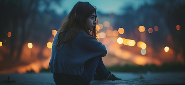 een eenzame jonge vrouw die depressief en gestrest lijkt zit's nachts met haar hond in het park