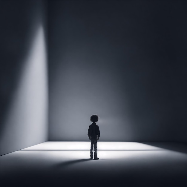 Een eenzame jongensfiguur verlicht door een enkele schijnwerper die midden in een leeg wit staat