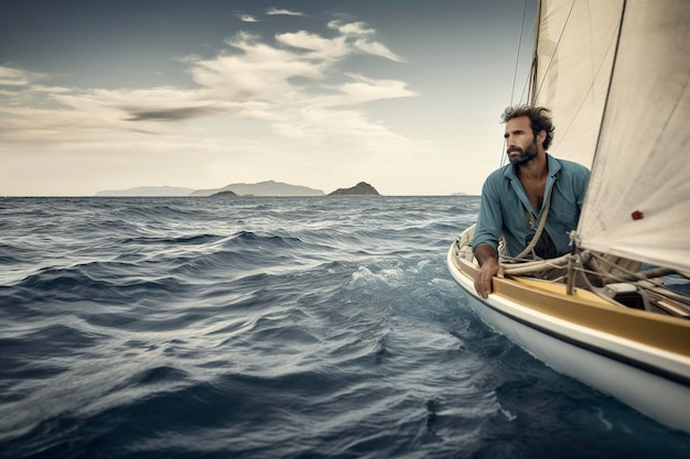 Een eenzame knappe man vaart met zijn kleine boot genietend van de zeebries in de eenzaamheid die Ai opwekte