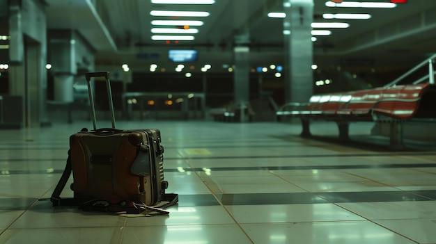 Een eenzame koffer zit verlaten in een lege luchthaven terminal de lichten zijn aan maar de plaats is verlaten er is een gevoel van mysterie en intrige