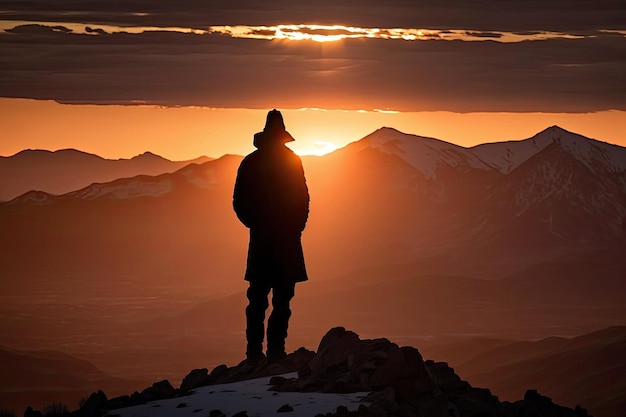 Een eenzame man die zich aftekende tegen de ondergaande zon en vanaf een bergtop naar de horizon staarde