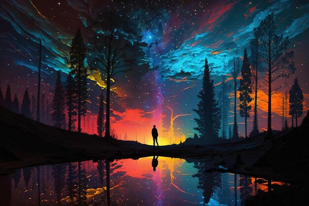 Een eenzame man geniet van een kleurrijke, mooie nacht vol sterren aan de hemel