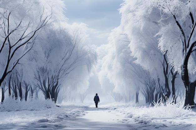 een eenzame man in het besneeuwde dennenwoud