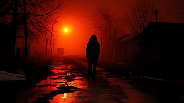Een eenzame man loopt langs de weg de voorbijganger gaat en de zonsondergang AI gegenereerd