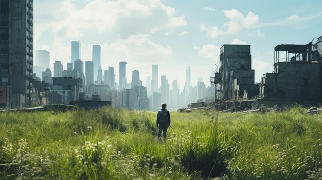 Een eenzame mens tegen de achtergrond van een gigantische verlaten metropolis tijdens de apocalyps