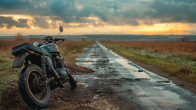Foto een eenzame motorfiets zit op een verlaten weg de lucht is donker en bewolkt en de weg is nat van de regen