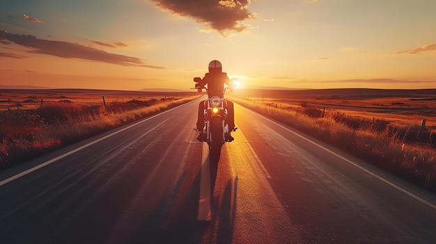 Foto een eenzame motorrijder rijdt langs een verlaten snelweg bij zonsondergang de ruiter draagt een witte helm en donkere leren