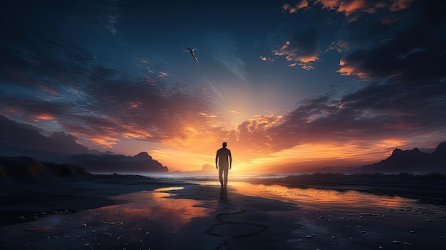 Een eenzame persoon die tijdens het zonsopgangsilhouet slentert