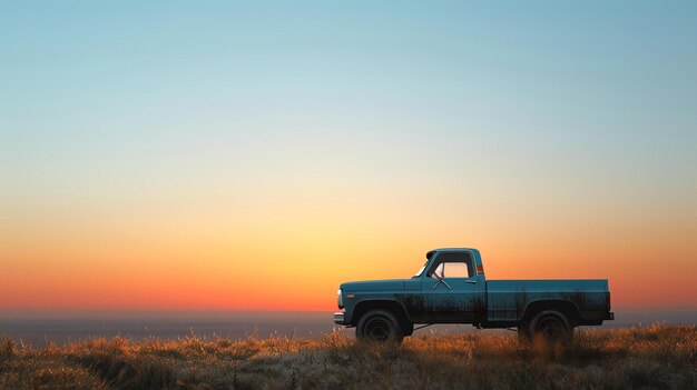 Foto een eenzame pick-up staat op een heuveltop in silhouet tegen een ondergaande zon de truck is oud en roestig maar het heeft nog veel leven over in het