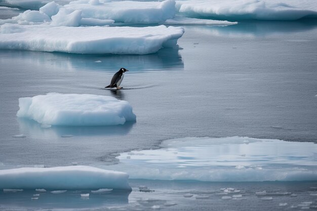 Foto een eenzame pinguïn op een smeltende ijsschots die de klimaatverandering en de opwarming van de aarde vertegenwoordigt generatieve ai