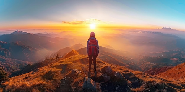 Een eenzame reiziger bewondert een adembenemende zonsondergang boven een bergketen