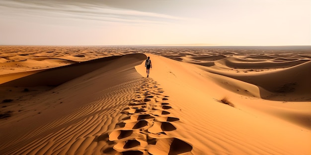 Foto een eenzame reiziger die door een uitgestrekte woestijn loopt onder de brandende zon omringd door torenhoge zandduinen