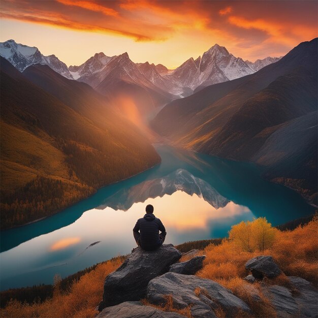 Foto een eenzame reiziger die tijdens zonsondergang op een rots zit