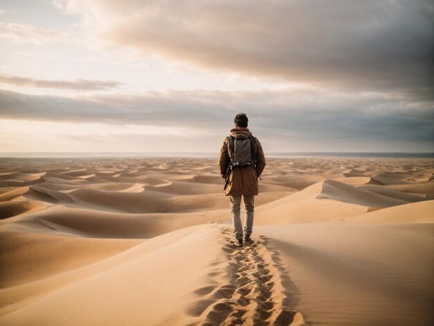 Foto een eenzame reiziger op de top van een zandduin in de woestijn