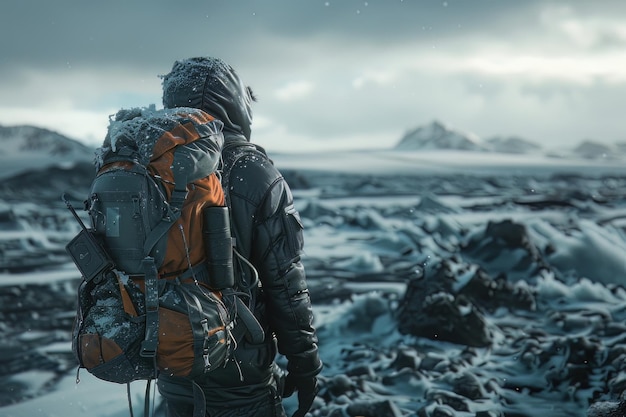 Een eenzame reiziger wandelt door een bevroren woestenij.