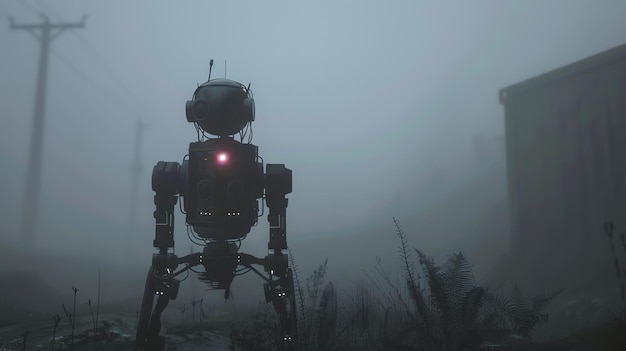 Foto een eenzame robot die door een mistig veld loopt naar een verlaten gebouw.