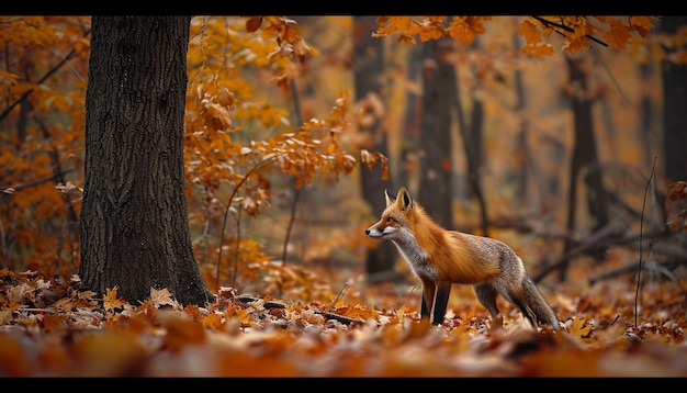 Foto een eenzame rode vos die een dicht herfstwoud verkent