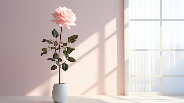 Een eenzame roos bloeit tegen een serene witte achtergrond