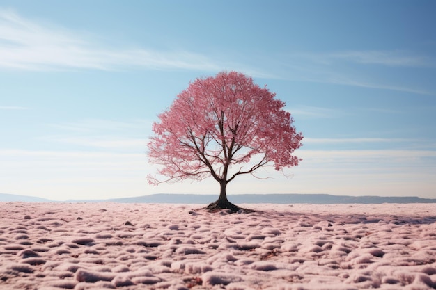 een eenzame roze boom staat midden in een veld