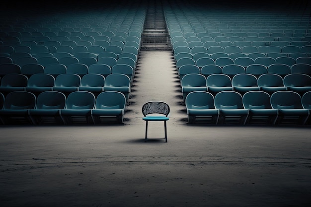 Een eenzame stoel in het midden van een tribune omringd door lege stoelen gemaakt met generatieve ai