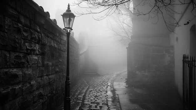 Een eenzame straatlantaarn in een mistige steeg
