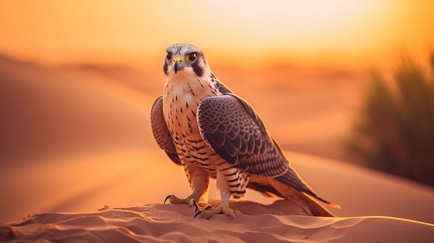 Een eenzame valk in de woestijn Natuur achtergrond bij zonsondergang Generatieve Ai