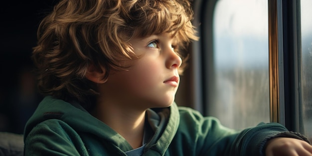 Een eenzame verdrietige jongen kijkt door het raam van een rijdende trein dakloze wees Generatieve AI
