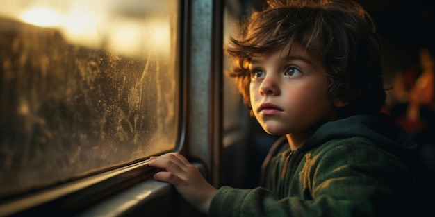 Een eenzame verdrietige jongen kijkt door het raam van een rijdende trein dakloze wees Generatieve AI