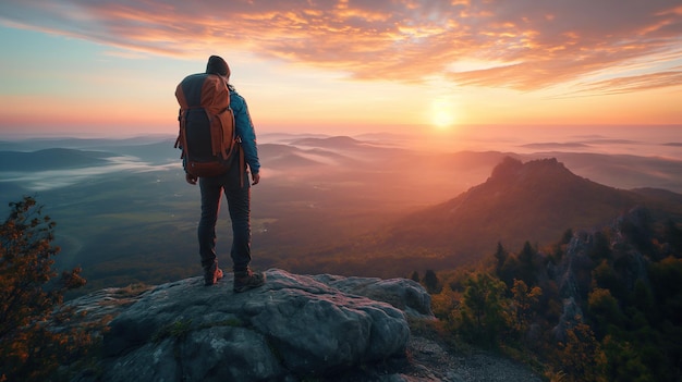 Een eenzame wandelaar met een rugzak staat op een bergtop en staart naar de zonsopgang over een uitgestrekte vallei die avontuur en het buitenleven belichaamt