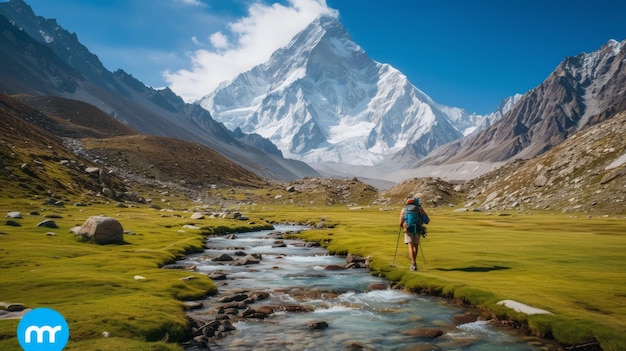 Een eenzame wandelaar oversteekt een rivier in de Himalaya