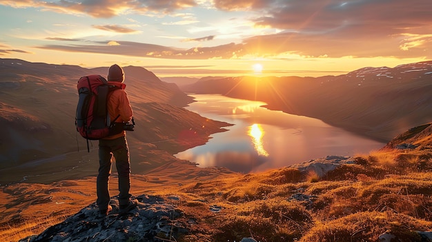 Foto een eenzame wandelaar staat op de top van een berg met uitzicht op een prachtige vallei de zon gaat onder en de lucht brandt van kleur