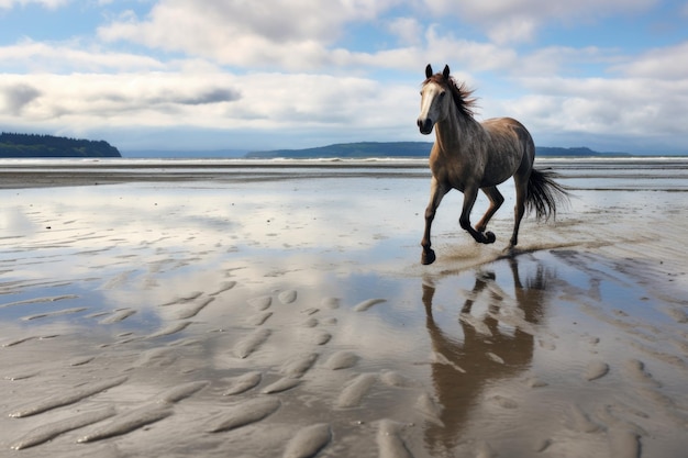 Foto een eenzame wilde paard galoppeert op een strand bij eb.