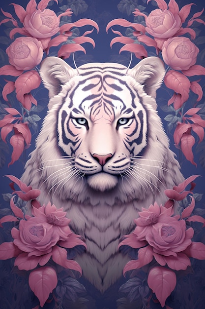 een eenzame witte tijger midden in een bed van roze rozen