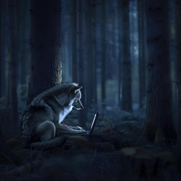 Een eenzame wolf die door de donkere bossen van het bedrijfsleven vaart, pauzeert om na te denken over de hobby's van het leven naast een gloeiende laptop.