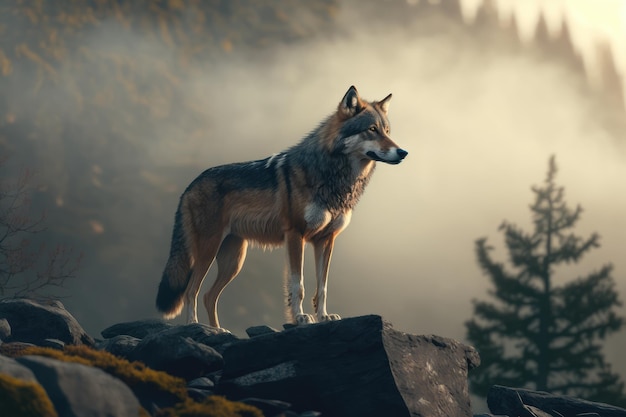 Een eenzame wolf die op een rotsachtige berg staat