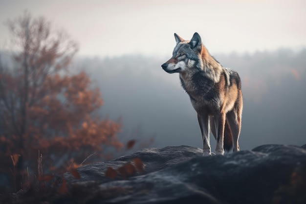 Een eenzame wolf die op een rotsachtige berg staat