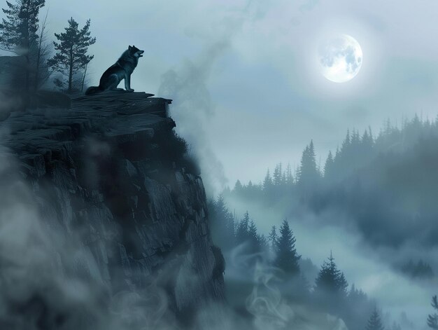 Een eenzame wolf staat trots op een rotsachtige uitloper met een silhouet tegen de volle maan de wolf laat een krachtige gehuil uit die weerklinkt door het mistige bos waardoor een gevoel van mysterie en wildernis ontstaat