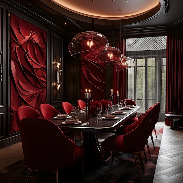 Foto een eetkamer met een grote tafel en rode stoelen hollywood glam interieur eetkamer met deep red